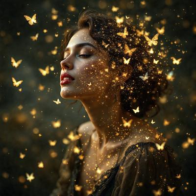 The primary subject of the image is a woman with a beautiful smile. She is surrounded by a multitude of butterflies, which are scattered throughout the scene. The setting appears to be a dark room, with the woman and butterflies being the main focus of the image. The visual style is a combination of a photo and digital art, creating a unique and captivating scene. The colors and mood of the image are predominantly warm and inviting, with the butterflies adding a touch of whimsy and joy to the overall atmosphere.